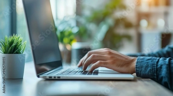 Fototapeta A person working with a desktop computer, comfortably seated in a modern chair, soft background