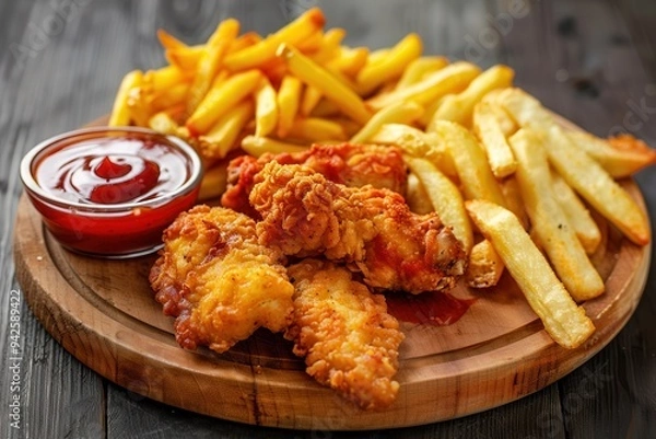 Obraz A wooden plate with chicken strips, French fries, and ketchup on a gray background.