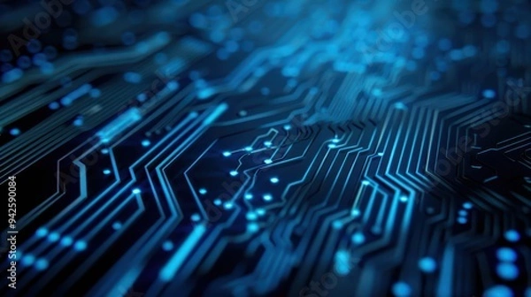 Fototapeta Close-up of a Futuristic Circuit Board with Glowing Blue Lines and Patterns