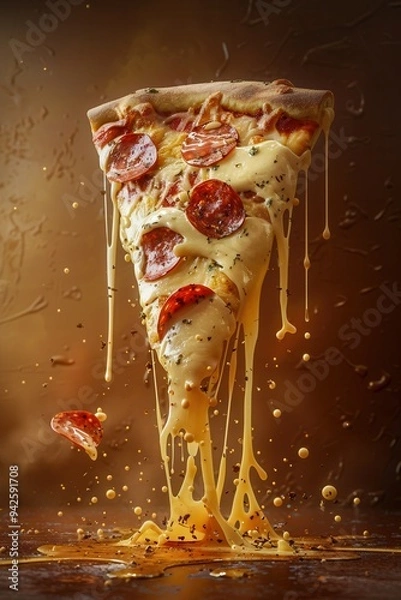 Obraz A pizza slice suspended in mid-air, dripping with cheese sauce and topped with salami slices.