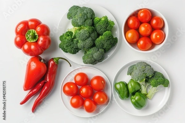 Fototapeta Flat lay of vegetables and eggs on white plates, broccoli centered, tomatoes and red bell pepper, white background.