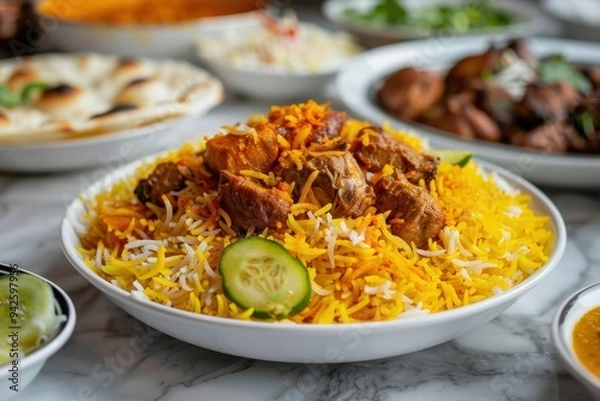 Obraz Culinary photography of biryani with chicken and lamb in yellow rice, side dishes, close-up, high resolution.