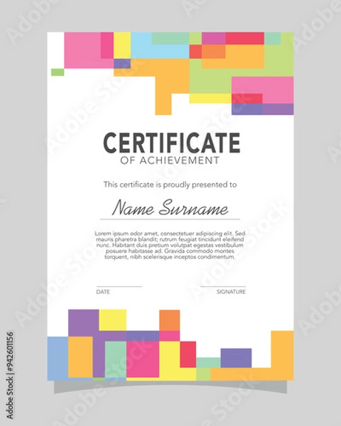 Fototapeta Modern colorful vertical certificate of appreciation and achievement template with geometric style elements.