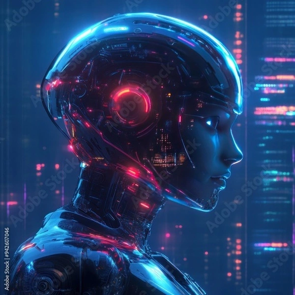 Fototapeta Profile of a Transparent, Futuristic Robot with Glowing Circuitry