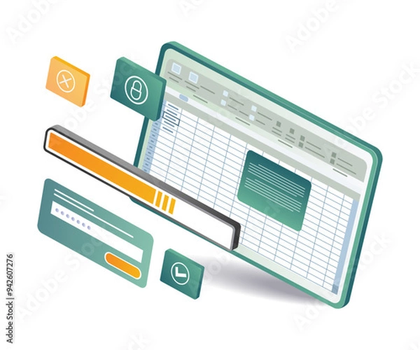 Fototapeta A laptop displaying an xls dashboard with a spreadsheet and various icons