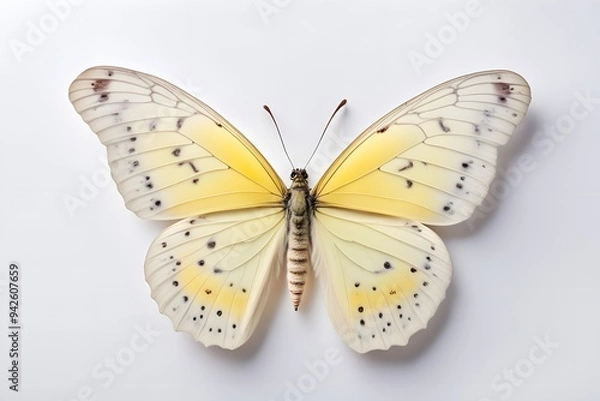 Fototapeta A delicate butterfly with pastel yellow wings and soft patterns on a white background, AI Generated