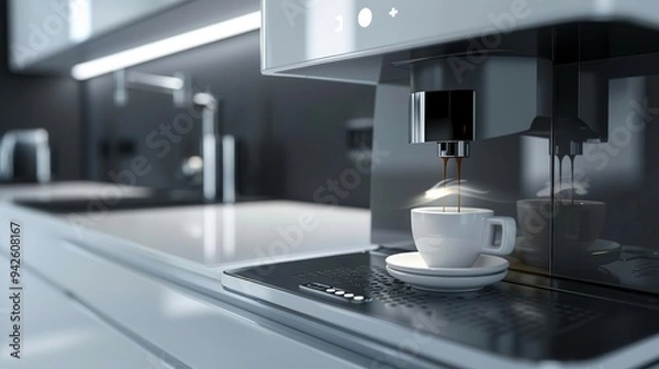 Fototapeta Sleek coffee machine brewing espresso in modern kitchen, white cup on glossy countertop, reflecting black cabinetry and minimalist design, enhancing morning routine.