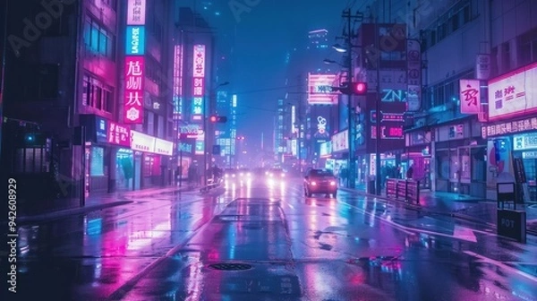 Fototapeta Neon lights reflecting in the wet asphalt of a city street.