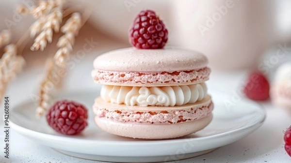 Fototapeta A close-up of a raspberry macaron with a creamy buttercream filling.