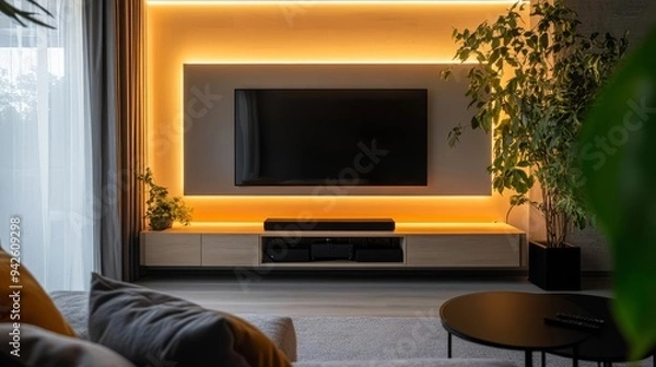 Fototapeta Modern living room with stylish decor, warm lighting, and lush plants, creating a cozy and inviting atmosphere.