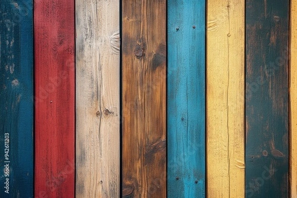 Fototapeta close up of abstract wall made of color wooden planks. timber texture in vertical planks pattern. rustic style wallpaper , ai