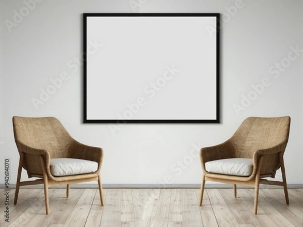 Fototapeta Two Wooden Chairs and a Blank Framed Canvas in a Minimalist Interior
