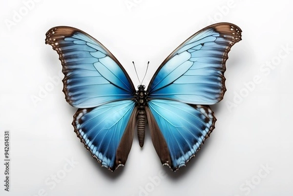 Fototapeta A stunning morpho butterfly with metallic blue wings spread on a white background, AI Generated