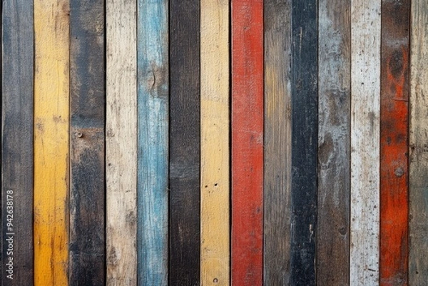 Obraz close up of abstract wall made of color wooden planks. timber texture in vertical planks pattern. rustic style wallpaper , ai