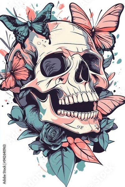 Fototapeta A vector design for a t-shirt print featuring a skull with flowers. A clean-lined vector skull in a modern and striking look