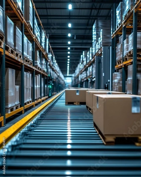 Fototapeta A wide view of a modern warehouse with neatly stacked boxes on shelves and packages moving along a conveyor belt.