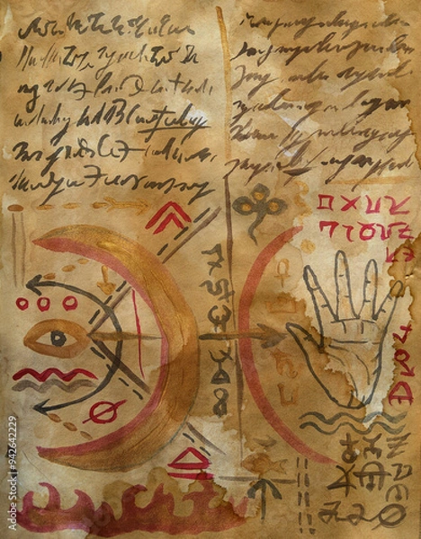 Fototapeta Hand drawn illustration of decorated old page with hand and mystic symbols from witch magic spell book. Gothic, occult and esoteric background. Only fantasy letters, no foreign language