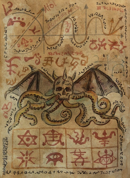 Fototapeta Hand drawn illustration of decorated old page with demon and mystic symbols from witch magic spell book. Gothic, occult and esoteric background. Only fantasy letters, no foreign language
