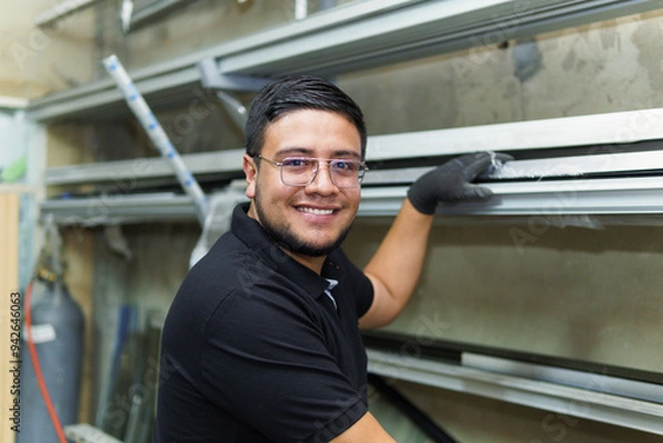 Fototapeta A man in a black shirt is smiling and holding a piece of metal. Concept of happiness and accomplishment, as the man is proud of his work