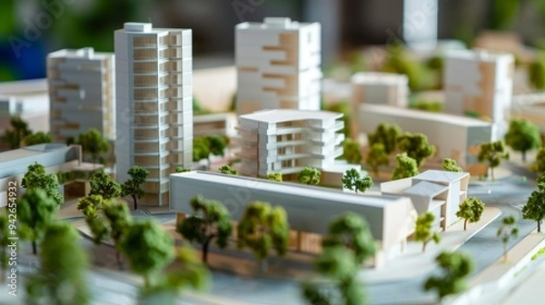 Fototapeta Educational tower model with comprehensive city plan, focused on all objects with deep depth of field, copy space included.