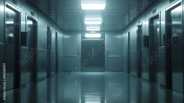 Fototapeta Wide shot of a medical facility with backlit entrances in metallic silver, highlighting the importance of monkeypox awareness