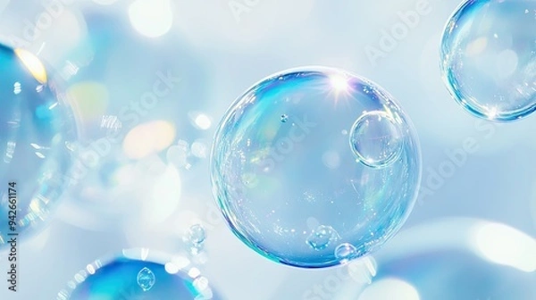 Fototapeta Blue bubbles white background. Generative AI