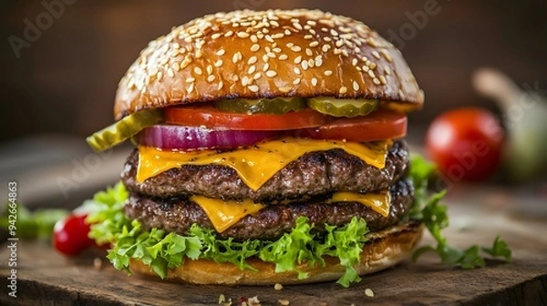 Fototapeta A mouthwatering image of a gourmet burger with a sesame seed bun, overflowing with layers of beef patties, cheddar cheese, crisp lettuce, and colorful tomato and pickle slices, perfectly capturing the
