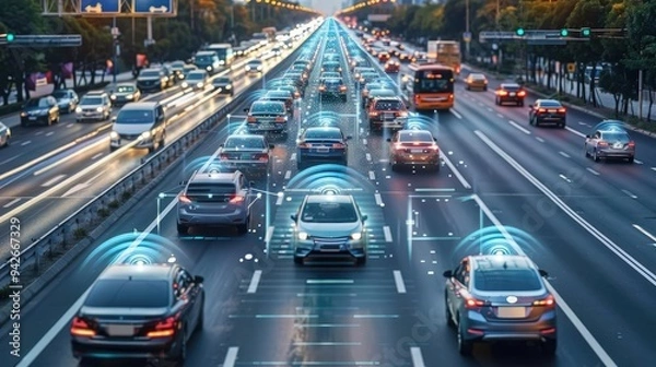 Fototapeta Autonomous vehicles on smart highways, depicting the future of transportation