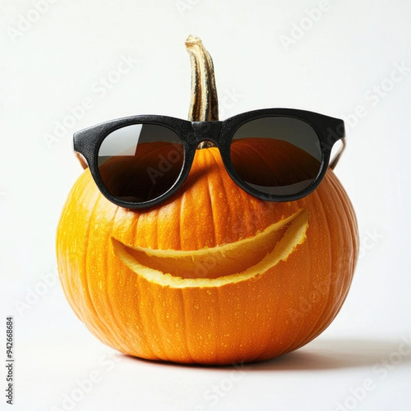 Fototapeta A funny pumpkin wearing sunglasses on a white background, smiling with a quirky expression.