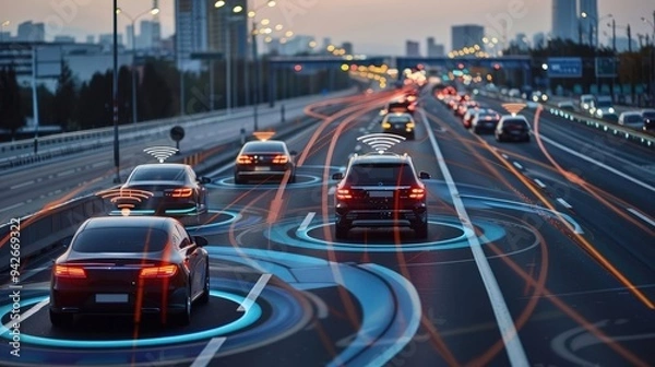 Fototapeta Autonomous vehicles on smart highways, depicting the future of transportation