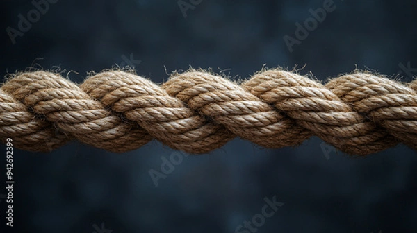 Fototapeta taut rope, symbolizing tension, strength, and teamwork. The blurred background emphasizes the focus on the rope, conveying concepts of struggle and resilience