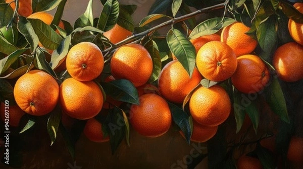Obraz Ripe oranges branch juicy. Generative AI