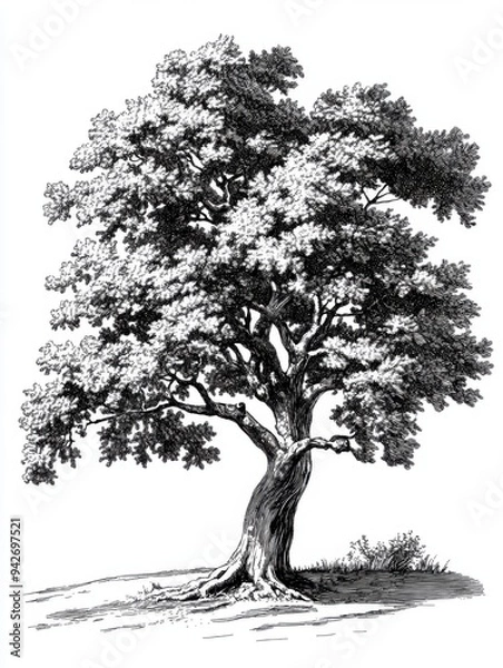 Fototapeta Black and white Vintage engraved art of a red oak tree, isolated on white background, ink sketch illustration, simple vector art design, highly detailed line art, high contrasty 