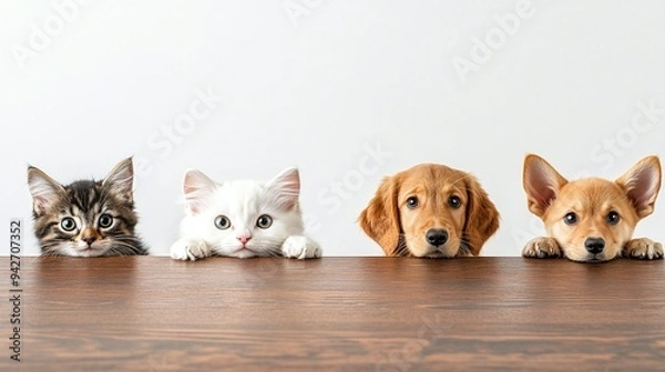 Obraz Two cute kittens and two puppies peeking out from wooden table. Peekaboo.