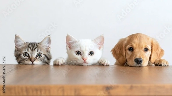 Obraz Two cute kittens and puppy peeking out from wooden table. Peekaboo.