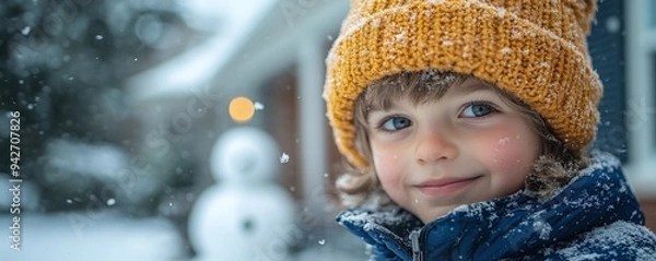 Obraz Smiling little boy in a beanie hat playing in snow. Winter fun in the Christmas holidays