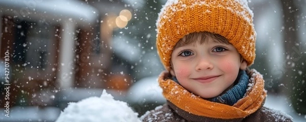 Obraz Smiling little boy in a beanie hat playing in snow. Winter fun in the Christmas holidays