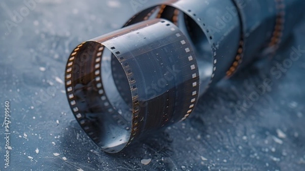 Fototapeta Curled strip of camera film on textured blue surface with water droplets showcasing vintage photography medium in atmospheric still life composition