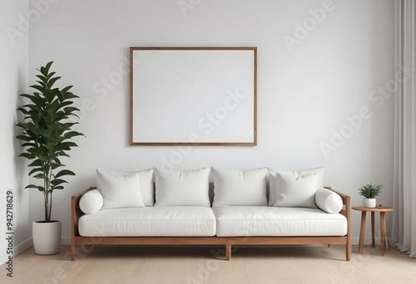 Fototapeta A minimalist living room with a wooden sofa, white cushions, and a blank frame on the wall.