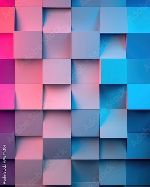 Fototapeta 3D cubes abstract background with pink and blue gradient. Modern geometric pattern creating a dynamic and visually engaging design.