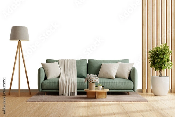 Obraz Green sofa and decor in living room on transparent background- 3D rendering