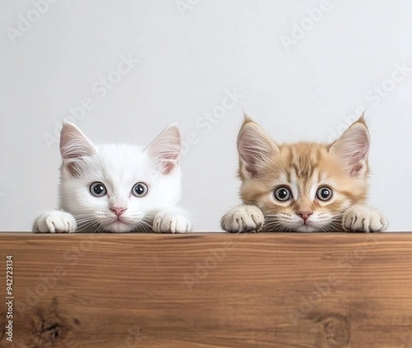 Obraz Two cute kittens peeking out from wooden table. Peekaboo.