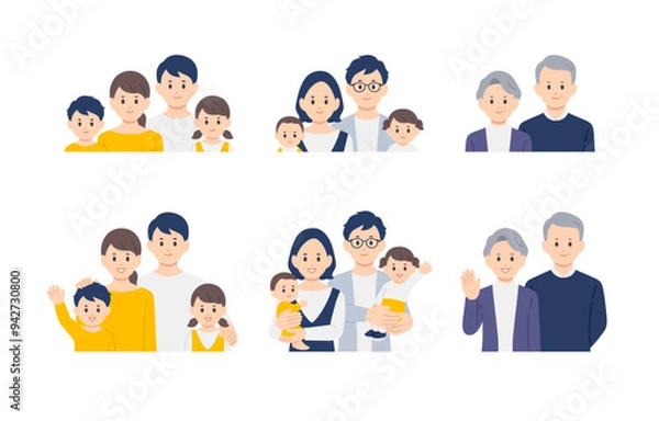 Obraz 笑顔の子育て世帯･三世代家族の上半身セット【人物ベクターイラスト素材】