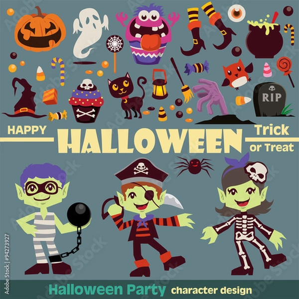 Fototapeta Vintage Halloween character poster design set with skeleton girl, prisoner, pirate