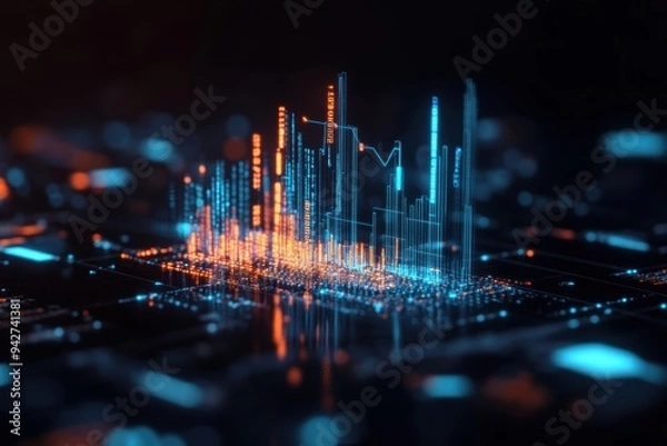 Obraz An interactive 3D graph features rotating axes and pulsating data distribution, set within a tech-themed design.
