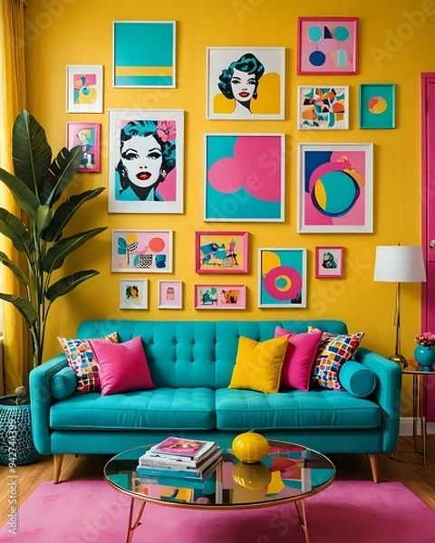 Fototapeta A vibrant living room with a teal sofa, pink rug, yellow walls and colorful artwork.