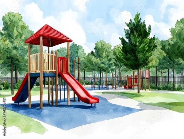 Fototapeta A colorful playground with a slide and climbing structure in a park setting.  A lush green landscape with trees in the background.