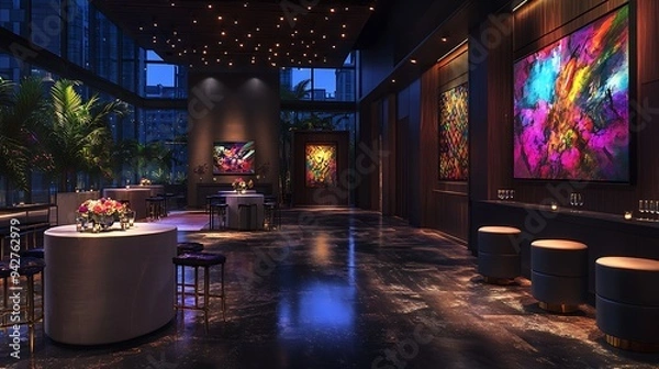 Fototapeta Opulent Event Venue with Contemporary Art Installations, Luxe Seating Options, and High-Gloss Finishes for a Sleek Aesthetic