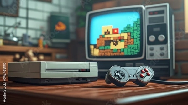 Fototapeta A vintage gaming console rests on a wooden table beside a controller, while an iconic pixel art game is showcased on an old television in a warm, inviting environment