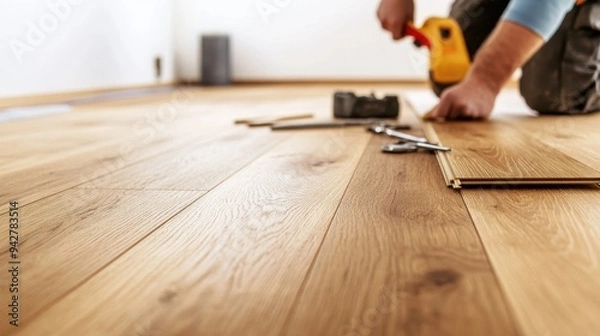 Fototapeta A close-up of a person installing wooden flooring, showcasing tools and the beautiful grain of the wood.